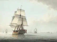 A frigate and other shipping in calm waters Signed Atkins by Samuel Atkins, Watercolour, sold Aug 2021