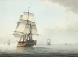 A frigate and other shipping in calm waters Signed Atkins by Samuel Atkins, Watercolour, sold Aug 2021
