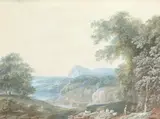 Extensive river landscape with a shepherd and his flock by Johannes Janson, gouache, sold Aug 2021