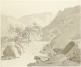Mountainous river landscape Pencil and grey wash 38 by William Daniell, Pencil and grey wash, sold Aug 2021