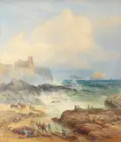 Figures on the beach below Tantallon Castle by Edward Duncan, Watercolour and pencil heightened with bodycolour, sold Aug 2021