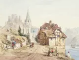 Figures on a path by a river with a castle on a hill beyond by Thomas Shotter Boys Nws, watercolour, offered Aug 2021