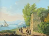 Soldiers on a coastal road by a classical tomb by Antoine Jean Weber, gouache, offered Aug 2021