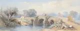 River landscape with figures on a bridge Signed by Thomas Charles Leeson Rowbotham Nws, Watercolour heightened with bodycolour, sold Aug 2021