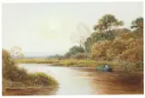 River landscape with cattle grazing on the far bank Signed J by James Walter Gozzard, Watercolour, sold Aug 2021