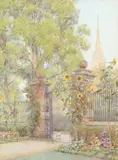 Gateway to the Close with the Cathedral beyond by Ernest Arthur Rowe, Pencil and watercolour, sold Aug 2021