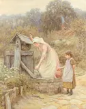 At the well Signed H by Helen Allingham, Pencil and watercolour, sold Aug 2021