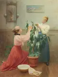 Cleaning the rubber plant Signed and dated G A Gaskell/ by George Arthur Gaskell, Watercolour and pencil heightened with white, sold Aug 2021