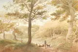 Wooded landscape with a drover and his flock by Charles Potter, watercolour, sold Aug 2021