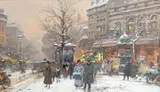 Paris street scene with figures in the snow Signed E by Eugène Galien-Laloue, Watercolour and bodycolour, sold Aug 2021