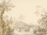 River landscape with herdsman in the foreground Pencil by Jean Baptiste Claude Chatelain, Pencil, pen and ink and watercolour, sold Aug 2021