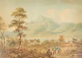 Mountain landscape with figures and goats before a lake Signed and dated by Nicholas Pocock, Watercolour and pencil, offered Aug 2021