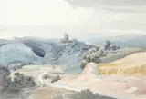 Landscape scene with a castle in the distance Watercolour 27 by Cornelius Varley, Watercolour, sold Aug 2021