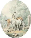 A huntsman watering his horses and hounds at a trough Signed Howitt by Samuel Howitt, Watercolour, sold Aug 2021