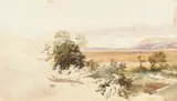 Extensive landscape with mountains in the distance Watercolour by James Duffield Harding, Watercolour and pencil, offered Aug 2021