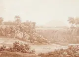 Roman landscape with Mount Soracte in the distance Signed and inscribed by Edward Swinburne, Pen and ink, pencil and wash, sold Aug 2021