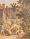 A family in a farmyard Watercolour on paper laid by Robert Hills, Watercolour on paper laid on board, sold Aug 2021