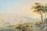 A view of Bienne Inscribed to margin Par Louis Bleuler au by Johann Ludwig Bleuler, Gouache and pencil, sold Aug 2021