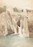 Salmon trap on the rapids of the Llugwy by Harry John Johnson, watercolour and pencil, offered Aug 2021