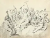 A group of putti playing musical instruments by Giovanni Battista Cipriani, Pencil, pen and ink, and grey wash, sold Aug 2021