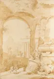 A capriccio with figures amongst Roman ruins Pen and brown ink by Marco Ricci, Pen and brown ink, with brown wash, sold Aug 2021