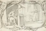 A cobbler in his stall with a maid at a doorway Pen by Hubert-François Gravelot, Pen and ink with grey wash, sold Aug 2021