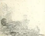 Study of a rocky landscape with a building Signed by Richard Wilson, Pencil, sold Aug 2021
