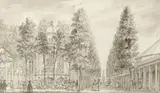 A view of the entrance of Vauxhall Gardens Pen and ink and grey wash by Samuel Wale, Pen and ink and grey wash, in black framing lines, sold Aug 2021