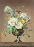 Still life with flowers in an urn on a ledge Signed and dated J by James Holland Ows, Watercolour, sold Aug 2021