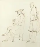 A man seated eating a boiled egg with another standing by Antonio Maria Zanetti, Pen and brown ink, sold Aug 2021