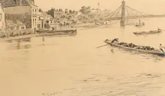A view of the Thames at Battersea Bridge Signed W by Walter Greaves, Pencil, pen and ink and wash, sold Aug 2021