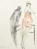 Lady in a Pink Dress charcoal with wash on paper by Dorte Clara Dodo Burgner, charcoal, sold May 2021