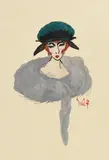 Lady in a Green Hat and a scarf pen and ink wash on paper by Dorte Clara Dodo Burgner, ink, sold May 2021