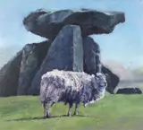 A sheep standing in front of a cromlech Oil by Keith Bowen, Oil on board, sold May 2021