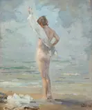 Nude on a beach Signed with initials and dated EMH/1913 by Edward Matthew Hale, Oil on canvasboard, sold May 2021