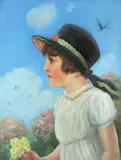 A young girl holding a posy Signed Richard Ogle by Richard Bertram Ogle, Oil on canvas, sold May 2021