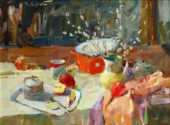 The breakfast table by Sergei Kovalenko, oil on canvas, sold Nov 2014