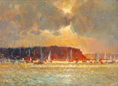 View from Sandbanks, Poole, clouds parting by Richard Price, oil on board, offered Nov 2014