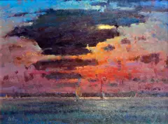 View from Sandbanks, Poole, towards Brownsea, dusk by Richard Price, oil on board, offered Nov 2014