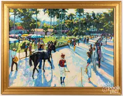 horse racing scene by Howard Behrens, oil on canvas, sold Apr 2023
