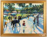 horse racing scene by Howard Behrens, oil on canvas, sold Apr 2023