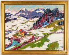 mountainous winter landscape by Hans Christiansen, oil on masonite, sold Apr 2023