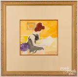 of a woman reading by Gustav Likan, 1965, watercolor on paper, sold Apr 2023