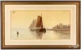 harbor scene with two sailboats anchored off the coast with a small house in background by George Emerick Essig, watercolor, sold Feb 2023