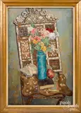still life of a flower vase on a chair by Herman Rose, oil on canvas, sold Feb 2023