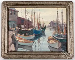 Ships and Men at Home by Leo B. Blake, oil on board, sold Nov 2022