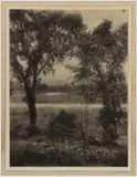NEW ENGLAND GARDEN PHOTOGRAPHIC IMAGE by Doris Ulmann, oil pigment print on tissue paper depicting serene water with floral garden in foreground, sold Jun 2024