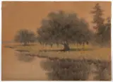 PAINTING OF LIVE OAKS by Alexander John Drysdale, oil wash on artist board, sold Jun 2024
