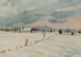 WINTER FARM SCENE PAINTING by Ed Bordett, watercolor on paper, sold Jun 2024