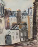 SIGNED, ABSTRACT CITYSCAPE by Mette Kornbeck, watercolor on paper, sold Apr 2024